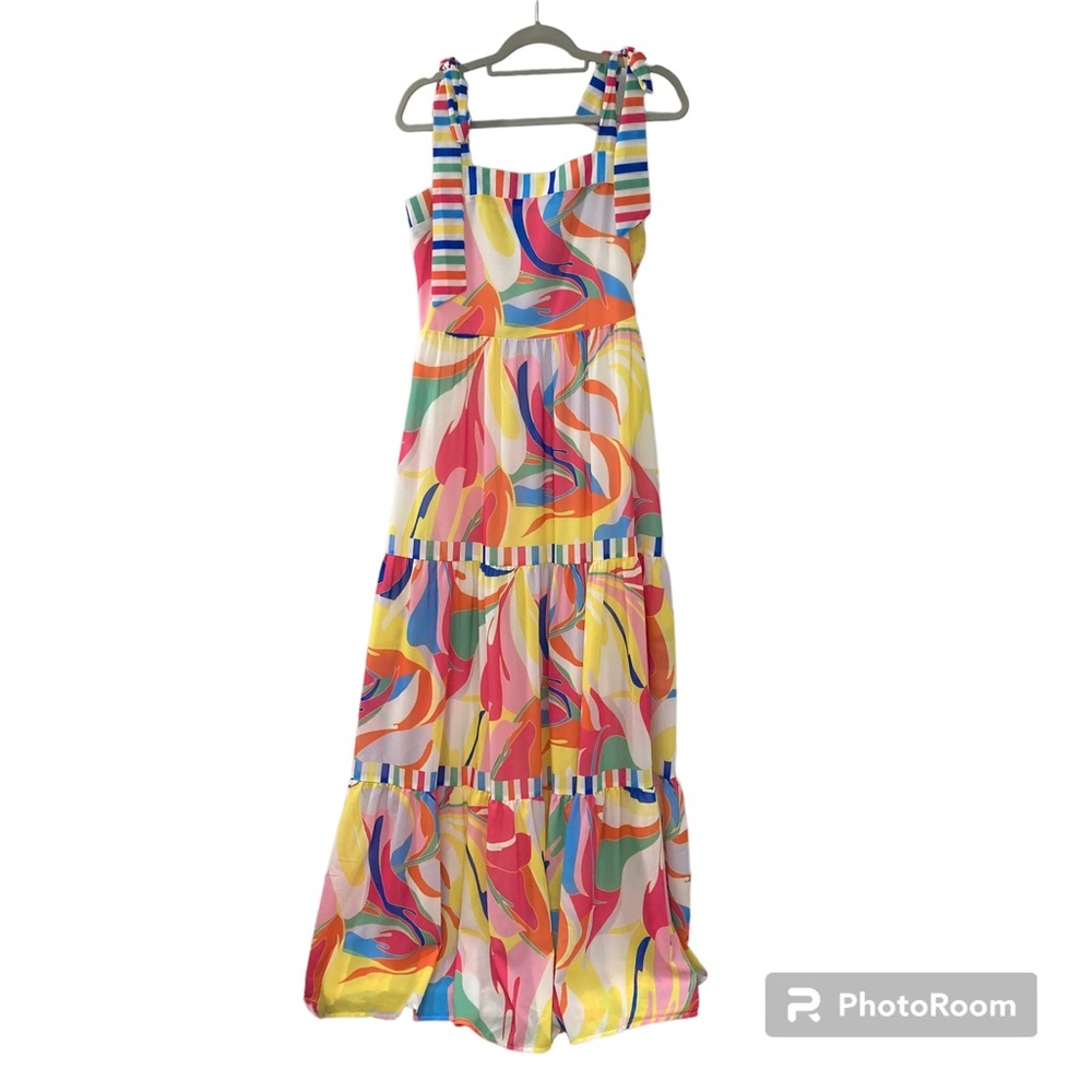 Aura Rainbow Swirl Multicolor Maxi Dress Tie Strap Size M